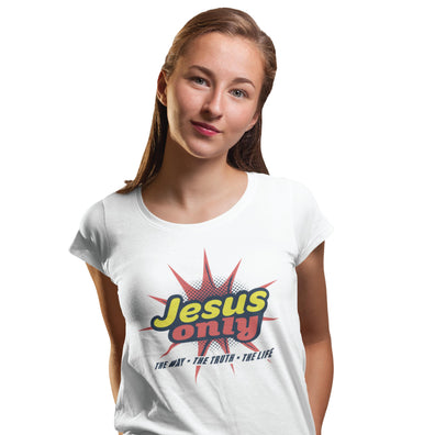 Jesus Only. THE WAY • THE TRUTH • THE LIFE. White unisex tee blue yellow red design.